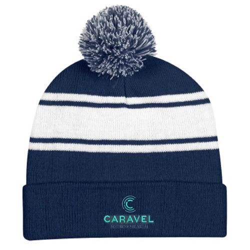 Two-Tone Knit Pom Beanie with Cuff -Navy